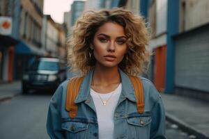 hermosa mujer en ropa de calle Moda foto