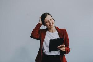 Image of sad office girl, Caucasian woman isolated sulking and frowning disappointed, standing upset white background. photo