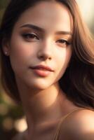 beautiful young woman with long hair and makeup photo