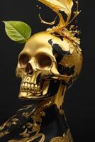 golden skull with flowers and leaves photo