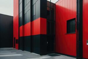 a red and black building with a black wall. Architectural background photo