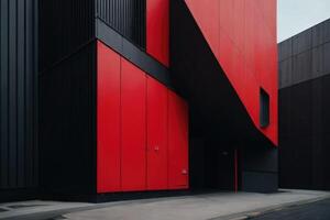 a red and black building with a black wall. Architectural background photo