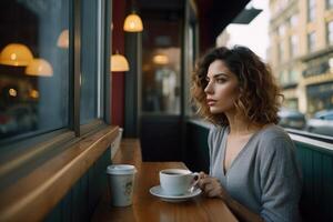 a woman sitting at a table with a cup of coffee in front of her photo