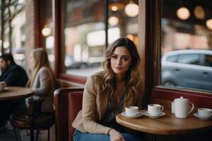 a woman sitting at a table with a cup of coffee in front of her photo