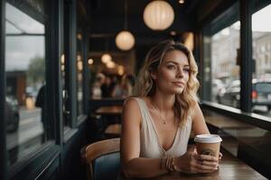 a woman sitting at a table with a cup of coffee in front of her photo