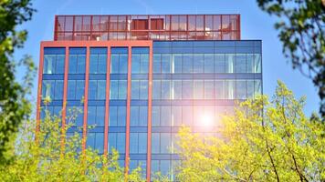 Eco building in modern city concept. Modern office building with the fresh green leaves. photo