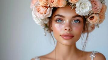 retrato de un joven mujer con un flor guirnalda en su cabeza. foto