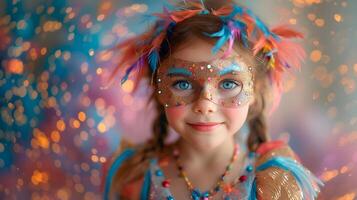 pequeño niña en brillante lujoso vestir y carnaval máscara en borroso de colores antecedentes con Bokeh. foto