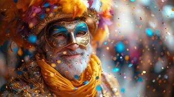 Elderly man in bright coat and carnival mask on blurred coloured background with bokeh. photo