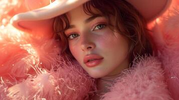 Portrait of a pretty young girl in a hat decorated with feathers. photo