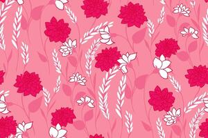 Summer blooming wild meadow seamless pattern on a pink background. Abstract artistic branches with flowers, tiny buds, small leaves printing. hand drawn Template for design vector