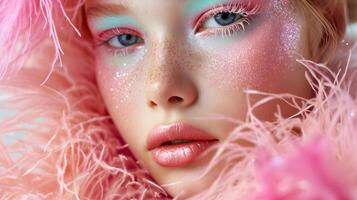Young woman's face close up. Modern style fashion photography. photo