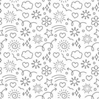 Cute handrawn lineart pattern with cloud, sun and flower vector