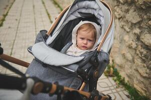 Caucasian cute baby boy 7-9 months old in baby stroller outdoors photo