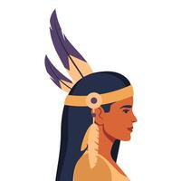 Native american indian woman portrait in traditional costume with feathers. vector