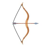 Wooden hunting bow and arrow. Hunting military equipment, old medieval weapons, feather longbow indian tensioned bowstring. vector