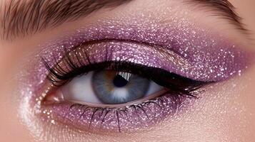 Close-up of beautiful woman's eye with purple makeup. Perfect make-up. photo