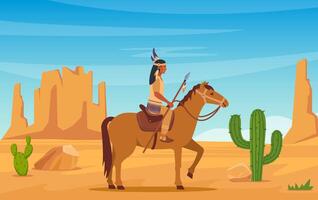 Native american indian warrior with a spear riding horse. Landscape with wild American prairies and lone Indian on horseback. Western vintage background. vector