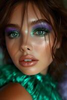 Portrait of a young girl on a green background. Bright shiny makeup. photo