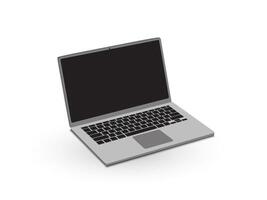 Realistic perspective front laptop with keyboard isolated incline 45 degree. Computer notebook with black screen template. Front view of mobile computer on white background. Digital equipment cutout. vector