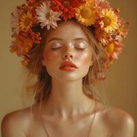 retrato de un bonito niña con un floral guirnalda en su cabeza. foto