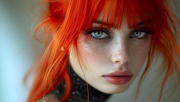 Portrait of a young girl with bright ginger hair. Bright shiny makeup. photo