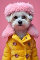 Cute Yorkshire Terrier dog wearing a cute yellow coat and pink hat. Dog fashion. photo