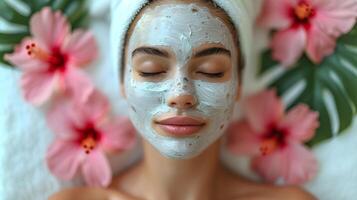 hermosa joven mujer con cosmetología máscara en su rostro. belleza tratamiento. foto