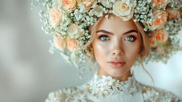 retrato de un joven mujer con un floral guirnalda. foto