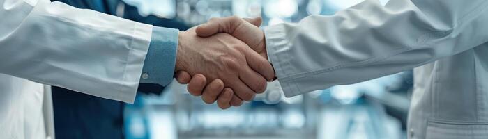 Two scientists in lab coats shaking hands over a completed project. photo