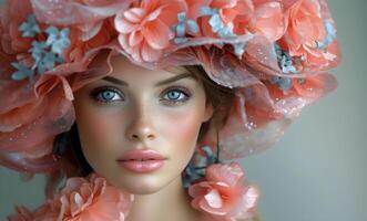 Portrait of a young woman with unusua pinkl hat. photo