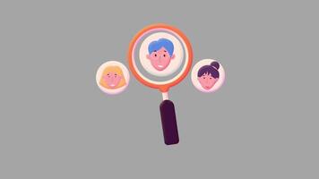 Magnifying glass is moving and shows people. Candidates, people search concept flat animation without background. video