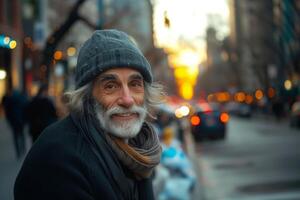 navegando el calles con un sonrisa, un Vagabundo sabio lleva sabiduría sin paredes, Copiar espacio foto