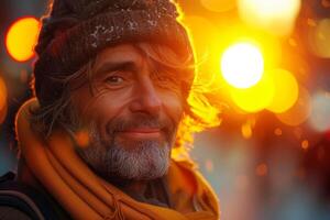 The portrait of survival, a homeless man with twinkling eyes, confronts each day with a grin photo