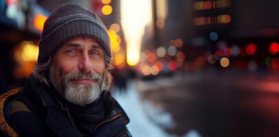 Weather-beaten but not broken, his eyes reflect the resilience of the city's homeless soul, copy space photo