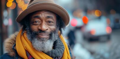 A weathered smile in the urban landscape, his face tells a tale of homelessness and endurance photo