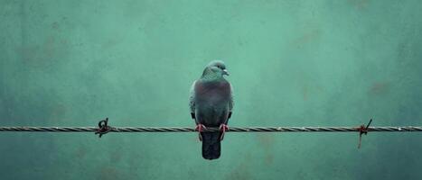 A pigeon is perched on a barbed wire against a teal background. photo