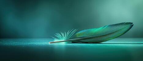 un brillante verde pluma descansa en un vaso superficie en contra un oscuro verde azulado antecedentes. foto