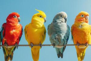 Four colorful parrots lined up on a wire against a blue background photo