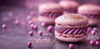 Whimsical Treats, Pink Macaron Glittering with Promise of Gourmet Elegance and Taste photo