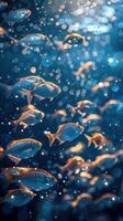 A large school of tropical fish swim in a blue ocean. photo