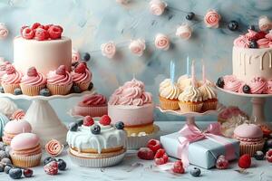 Enchanting Dessert Tableau with Berry-Topped Cakes and Macarons on a Floral Blue Background photo