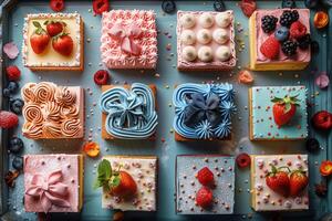 Artistically Crafted Mini Cakes with Vibrant Frostings and Berries in a Geometric Layout photo