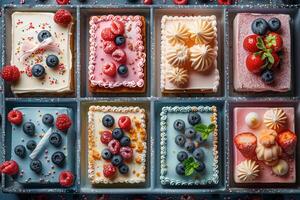 Elegant Array of Individual Cakes Adorned with Fresh Berries and Artistic Icing in a Trayed Presentation photo