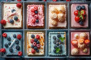 elegante formación de individual pasteles adornado con Fresco bayas y artístico Formación de hielo en un bandeja presentación foto