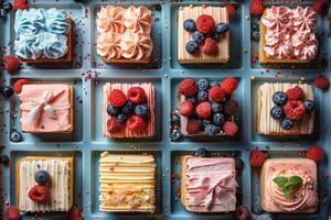 clasificado mini pasteles en azul bandejas con baya guarnaciones y asperja foto