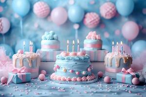 Pastel Celebration Cakes with Candles, Balloons, and Gifts in a Festive Arrangement photo