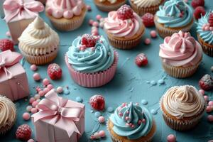 Pastel-Colored Cupcakes with Fresh Raspberries Arranged on a Textured Surface photo