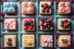 A colorful array of mini cakes garnished with fresh berries and decorative sprinkles presented on blue trays photo
