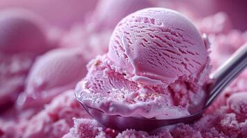 cucharón de fresa hielo crema deleitar, Perfecto para verano días, dulce y refrescante tratar foto